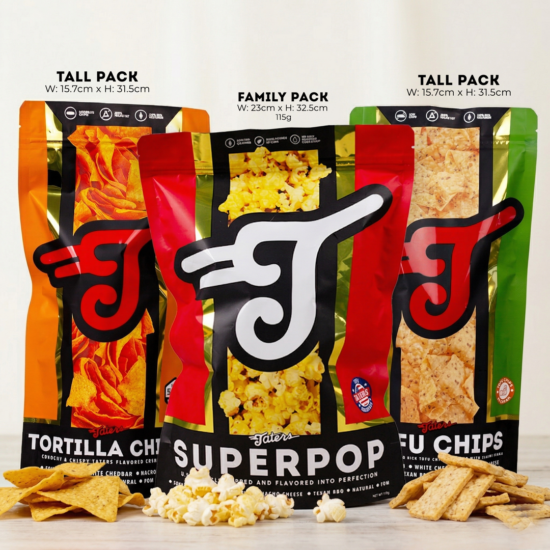 Taters All Star Gift Set - Superpop Popcorn (Family Pack 115g), Tortilla Chips (Tall Pack 120g), Tofu Chips (Tall Pack 120g)