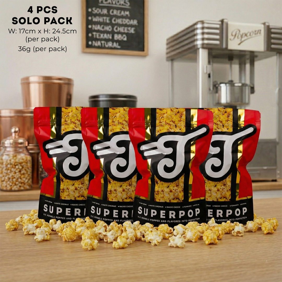 Taters Popcorn Superpop Sampler Set - Solo Pack 36g (Nacho Cheese, Texan Barbecue, White Cheddar, Sour Cream)