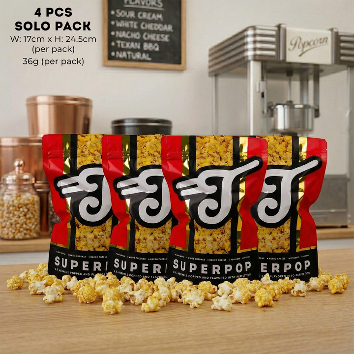 Taters Popcorn Superpop Sampler Set - Solo Pack 36g (Nacho Cheese, Texan Barbecue, White Cheddar, Sour Cream)